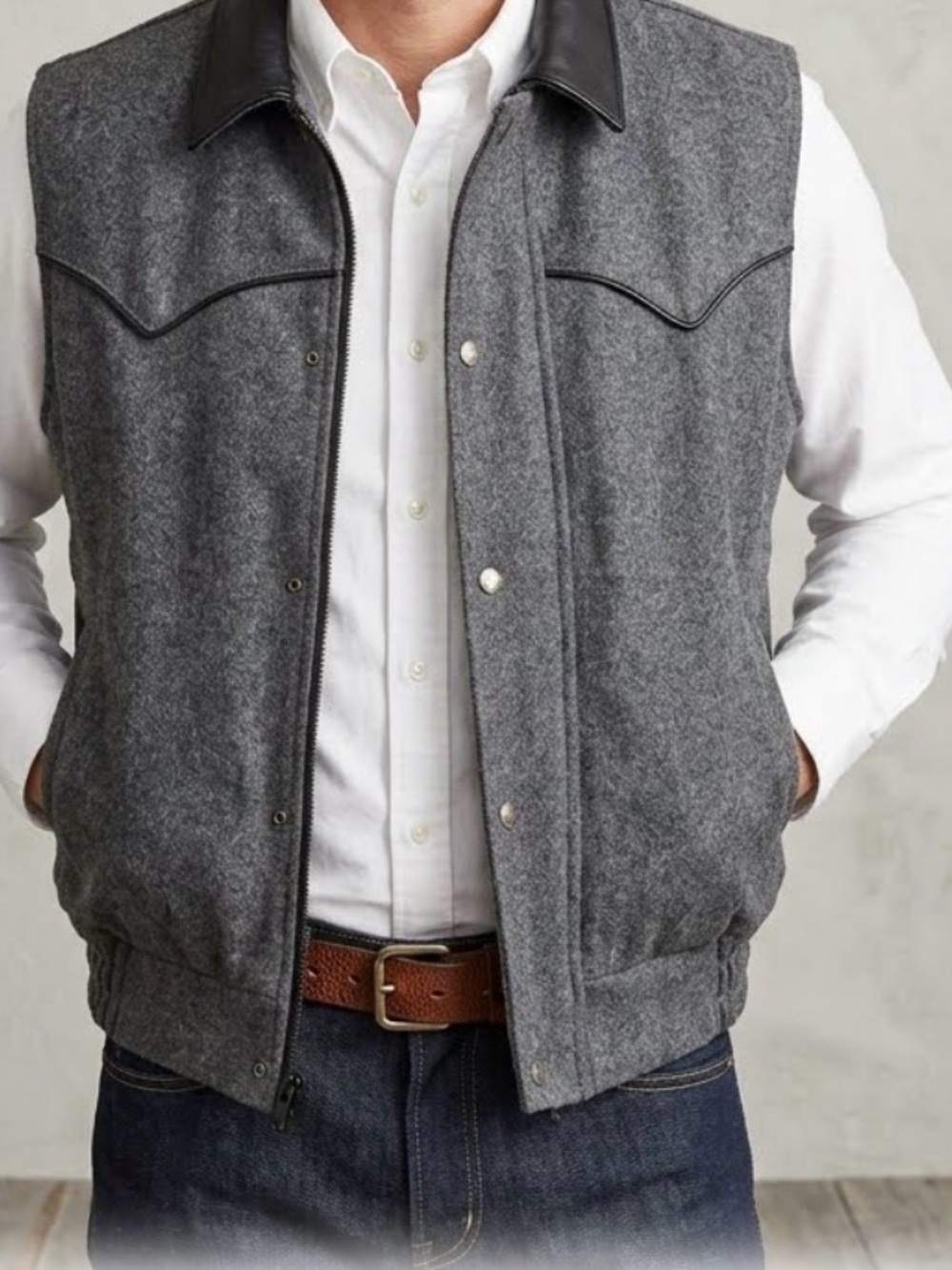 Schaefer Men’s Gray Wool Vest Snap Zip Front Point Collar Lined Western L